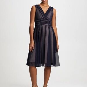 Laura Petites Mesh Detail Fit & Flare Dress Pink/Navy Sz 12P